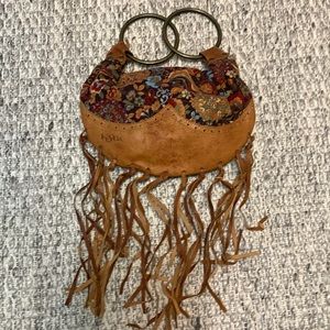 Kooba corduroy and leather fringe clutch with bangle handles